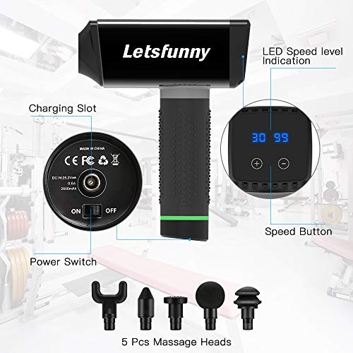 Deep Tissue Percussion Massager with Carrying Case Massage Gun for Pain Relief, Handheld Cordless Electric Full Body Muscle Massager Device with 30 Adjustable Speed, 5 Attachments