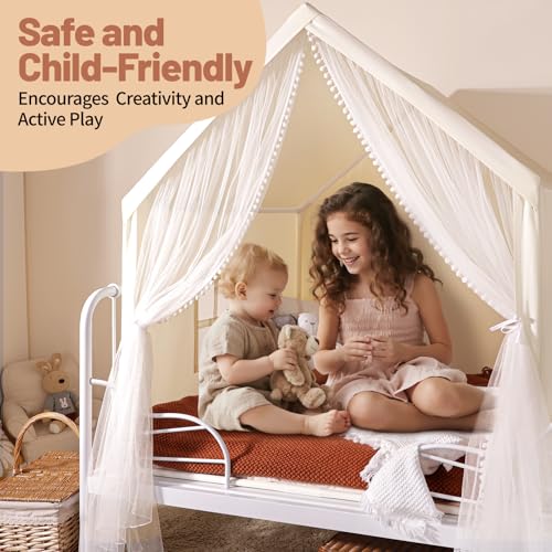 Monobeach Kids Tent Beige Play Tent with Long Mesh Curtain Large Playhouse for Indoor Outdoor Play Cottage Castle Toy for Girls Boys House Gift (Beige Kids Play Tent)