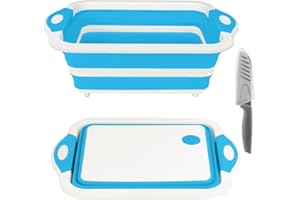 ROTTOGOON Collapsible Cutting Board, Foldable Chopping Board with Colander, Multifunctional Kitchen Vegetable Washing Basket Silicone Dish Tub for BBQ Prep/Picnic/Camping(Sky Blue)