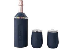 Vinglacé Wine Bottle Chiller Gift Set- Portable Stainless Steel Wine Cooler with 2 Stemless Wine Glasses, Navy