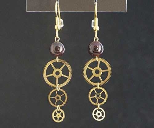 Steampunk Earrings - Red Garnet and Watch Gears