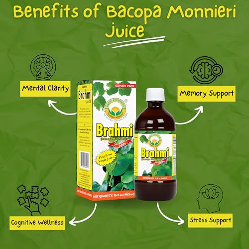 BASIC AYURVEDA Bacopa Monnieri Juice (Brahmi)– 16.23 Fl Oz (480ml) | First Press Virgin Juice | Natural Brain & Memory Support | Herbal Tonic for Focus, Clarity & Wellness | No Sugar, Non-GMO