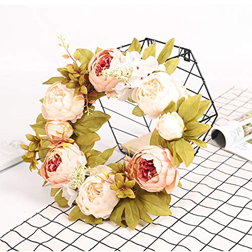IRONLAND 15'' Peony Flower Wreath for Front Door Artificial Floral Wreath with Green Leaves, Spring Summer Garland Wreath for Wall Wedding Party Home Décor (with a Bunch of Lights)