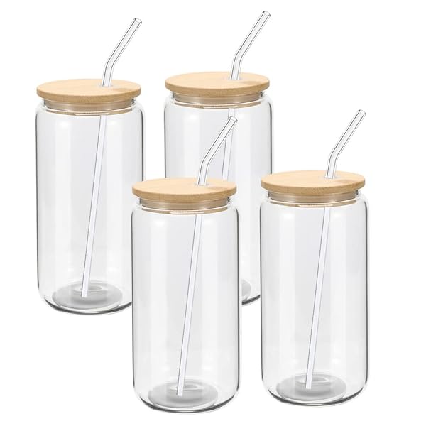 YOUKE OLA 20 PACK GLASS CUPS WITH BAMBOO LIDS AND GLASS STRAW 16OZ BEER CAN SHAPED DRINKING GLASSES CUPS, GLASS TUMBLER REUSABLE CUTE CUPS FOR WHISKEY, ICED COFFEE, TEA, SODA, COCKTAIL, GIFT, CLEAR