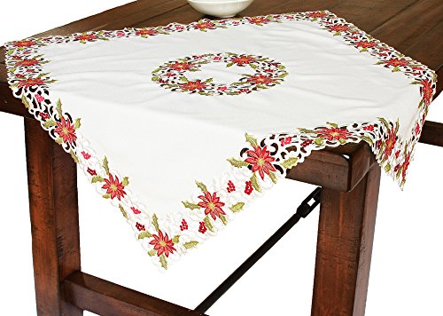 Xia Home Fashions Poinsettia Lace Embroidered Cutwork Christmas Table Topper, 34 by 34-Inch