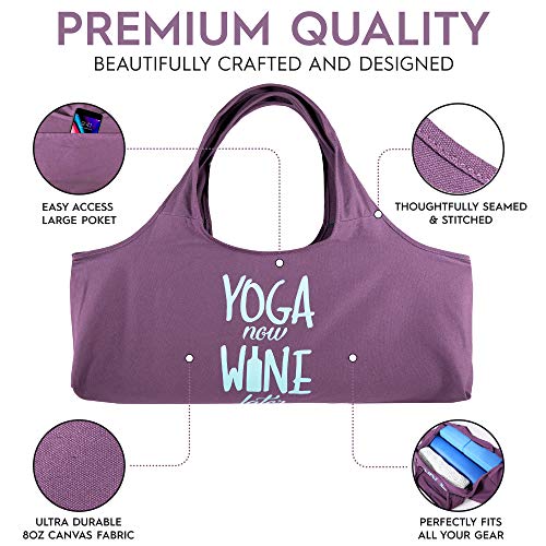 YogaPets Exercise Fun Yoga Mat Tote Bag | Large Mat Carrier with Strap & Side Pocket | Fits Most Size Mats (Wine)