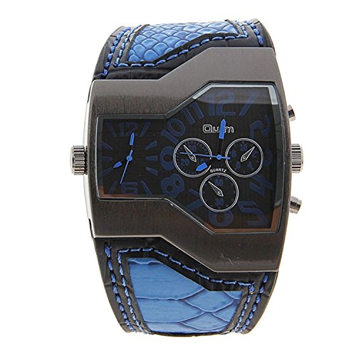 Mens Military Sports Watch Army Dual Time Movt Quartz Wristwatch with Leather Band Decorative Sub-dials