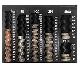 Nadex Coin Handling Tray | Bank Teller and Change Counter Coin Counting and Sorting Tray with 6 Compartments for U.S. Coins with Cover - 32 Coin Wrappers Included (Black)