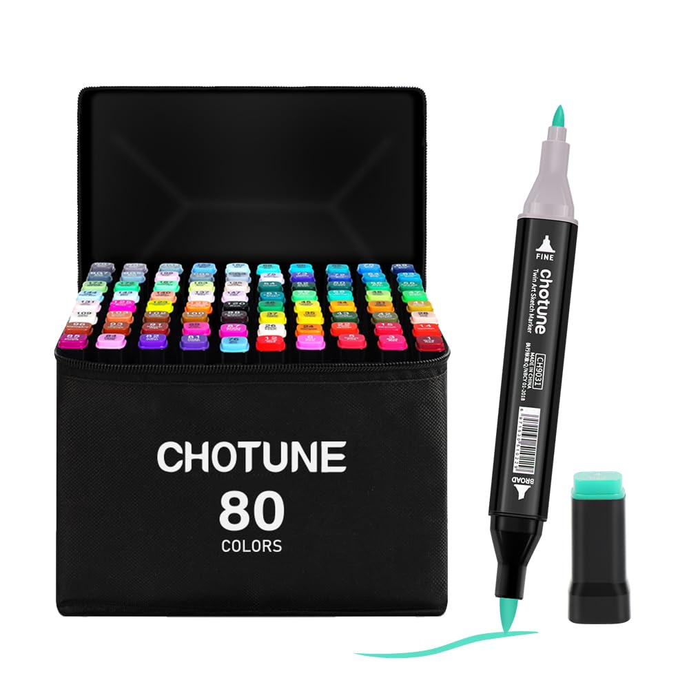 CHOTUNE Marker Pen,80 Colors Alcohol Marker,Latest Model of Markers with Fine Tip and Brush Tip with Base and Carrying Bag,Suitable for Comics, Anime Illustrations or Calligraphy