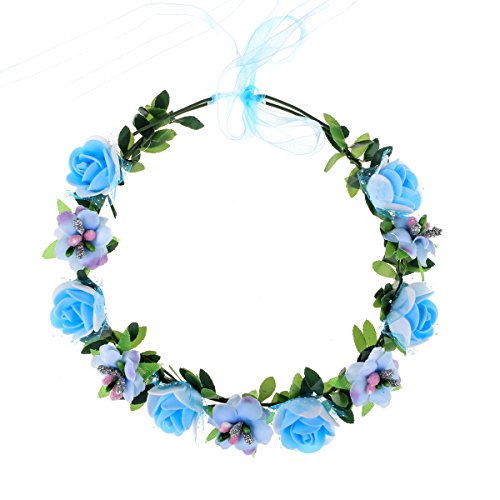 June Bloomy Rose Floral Crown Wreath Girls Flower Headband Boho Garland Halo Headpiece (Blue)