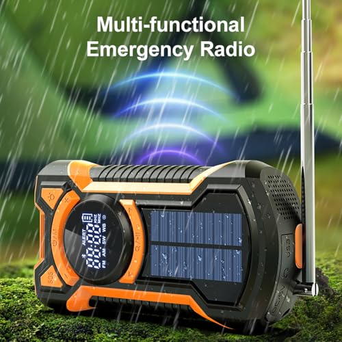 Rechargeable Portable Radio Dynamo with LED Flashlight, Power Bank 5000mAh AM/FM Radio Crank Solar, SOS Alarm/Flashlight/3W Speakers, Outdoor, Emergency