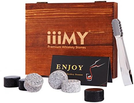Whiskey Stones, Chilling Without Dilution, Gift for Drink Lover, Large Round Whiskey Chilling Rocks, Polished Granite Never Scratch Glasses, Pack of 6 in Handmade Wooden Box by iiiMY