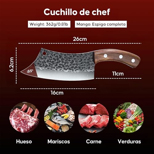 Cuchillo Vikingo Martillado de Acero de Alto Carbono, Cuchillo Carnicero Forjado a Mano con Vaina, para Hogar, Camping, Barbacoa, Restaurante, Corte de Carne