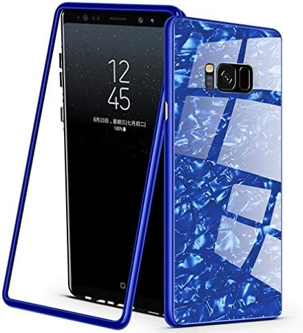 PKeiPo Compatible Samsung Galaxy S8 Plus Case, Magnetic Adsorption PC Frame Coloured Shellfish Pattern Tempered Glass Back Cover with Built-in Magnet Flip with a Screen Protector (Blue)