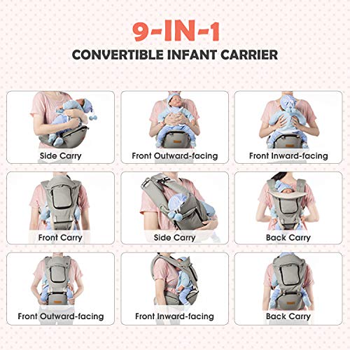 OMORC Baby Carrier, 9-in-1 Convertible Infant carrier, Support 45 lbs,Baby Holder Hip Seat Carrier Waist Stool, Pure Cotton & Breathable Mesh & Adjustable Front Back Soft Child Carrier