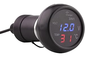 KEENSO 3in1 Auto Gauge Dual LED Digital Display Voltmeter Thermometer Cigarette Lighter USB Car Charger Temperature Monitor Meter (Blue Red #02)