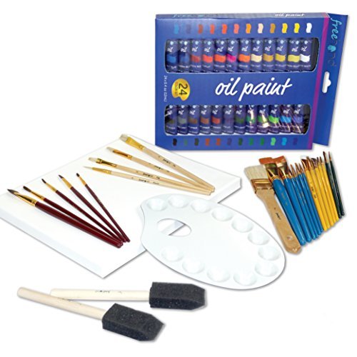 XXL Oil Paint Set - 24 Paints, 25 Brushes, 1 Canvas, and Art Palette - Oil Painting Supplies for Kids and Adults, Paint Supplies