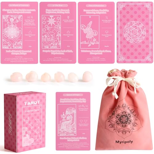 Myripoly Beginner Tarot Cards Deck Set with Meanings on Them -Tarot Cards with Crystal 7 Chakra Stones -(Free Velvet Bag Pouch)