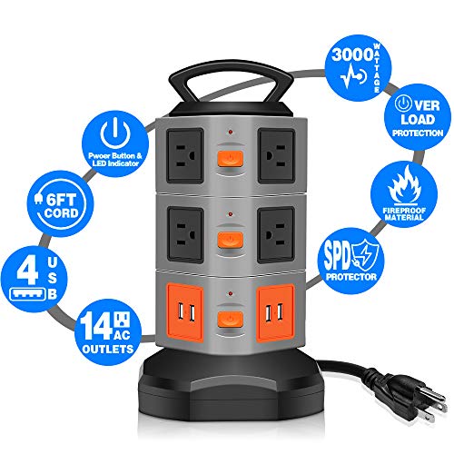 Power Strip Tower, Costech 10 Outlets Surge Overload Protector; Multi Plug Extender with 4 USB Charging Port & 6FT Stretch Extension Cord