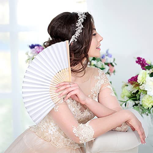 JOHOUSE 12PCS White Folding Fans, Handheld Fabric Fan Foldable Chinese Japanese Bamboo Fans for Women Wedding Dancing DIY Wall Decoration