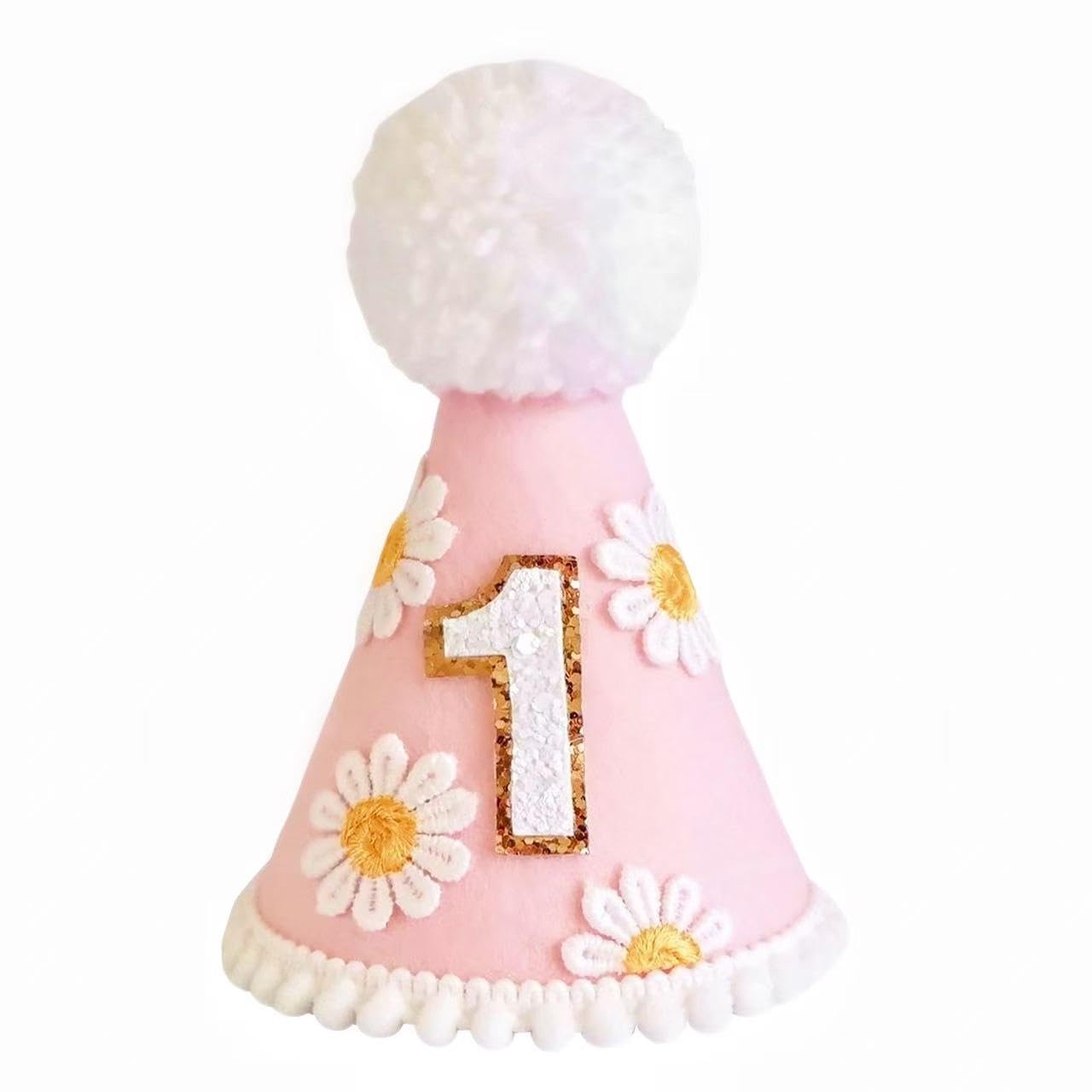 Vyqrx 1st Birthday Hat for Baby Girls Boys – Pink Felt Birthday Crown with Pom Pom, Soft Adjustable Party Hat for 1 Year Old Celebration, Cake Smash, Photo Props (Pink and white)
