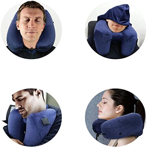 Famomeindicated Inflatable Travel Pillow Set for Airplanes, Multifunction Traveling Neck Pillow Set with Hood for Women Men Kids, Soft Small Portable, Supports Head Chin, Dark Blue