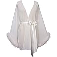 Dressica Feather Chiffon Sleeve Short Bridal Robe with Sash Short Sexy Night Gown Pajamas