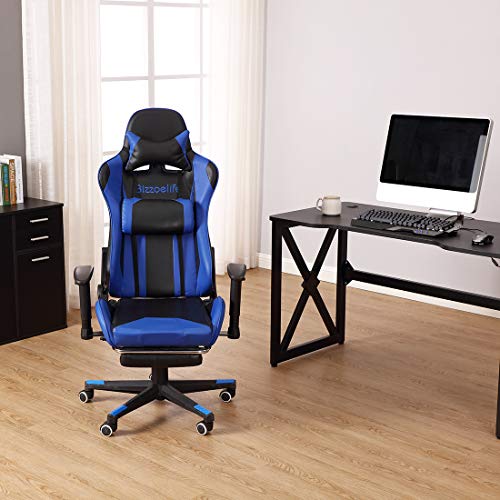 Gaming Chair Ergonomic Racing - Bizzoelife High Back PU Leather Adjustable Office Chair with Footrest Backrest Headrest (Blue)