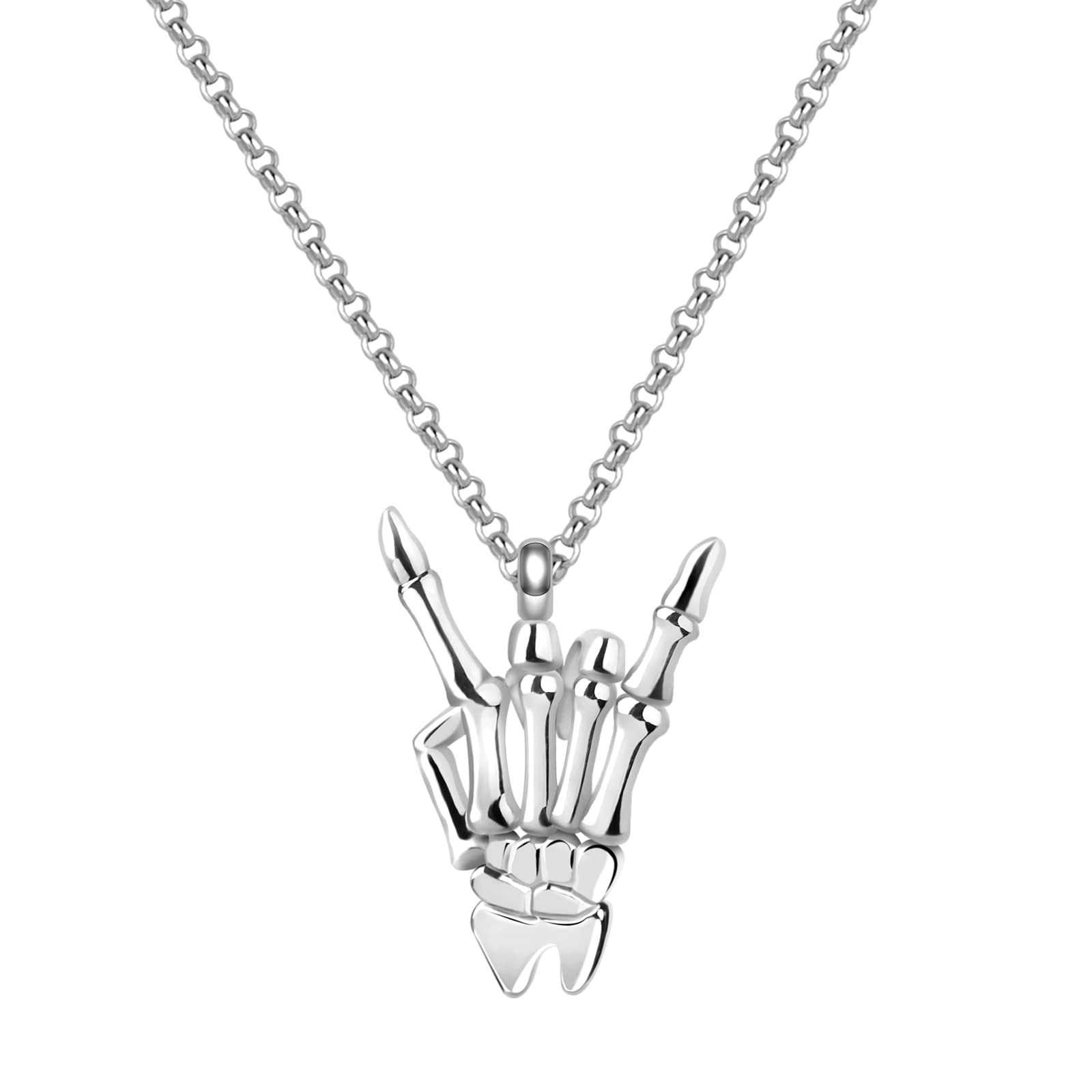 Gnoce I Love Rock Pendant Necklace Sterling Silver"Rock And Roll" Necklace with Adjustable Chain Christmas Jewelry Gift for Women Men Rock Music Fans