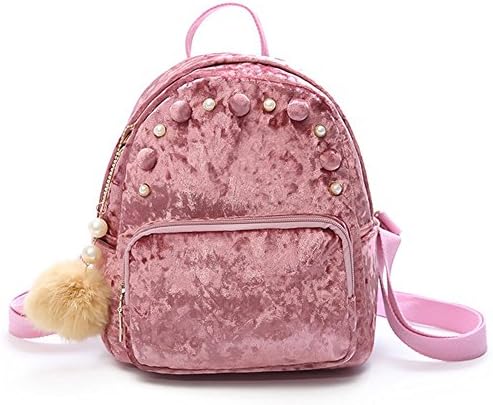 Mini Backpack Girls Fashion Gold Velvet Shoulder Bag Lightweight Daypack Pink with Fur Ball Pendant