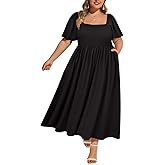 RITERA Plus Size Dresses for Curvy Women Square Neck Short Sleeve Summer Floral Smocked Maxi Dress with Pocket XL-5XL