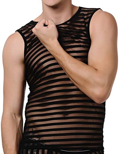 Cedir Men's Stripe Mesh Muscle Shirt Size L Black