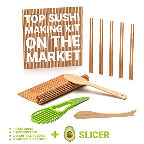 Sushi Making Kit - Bamboo Sushi Rolling Mat - Sushi Roller Set - Sushi Mat - Sushi Kit - Included 2 Rolling Mats - 5 Pairs Chopsticks - Paddle - Spreader + Avocado Slicer - Beginner's Guide (PDF)