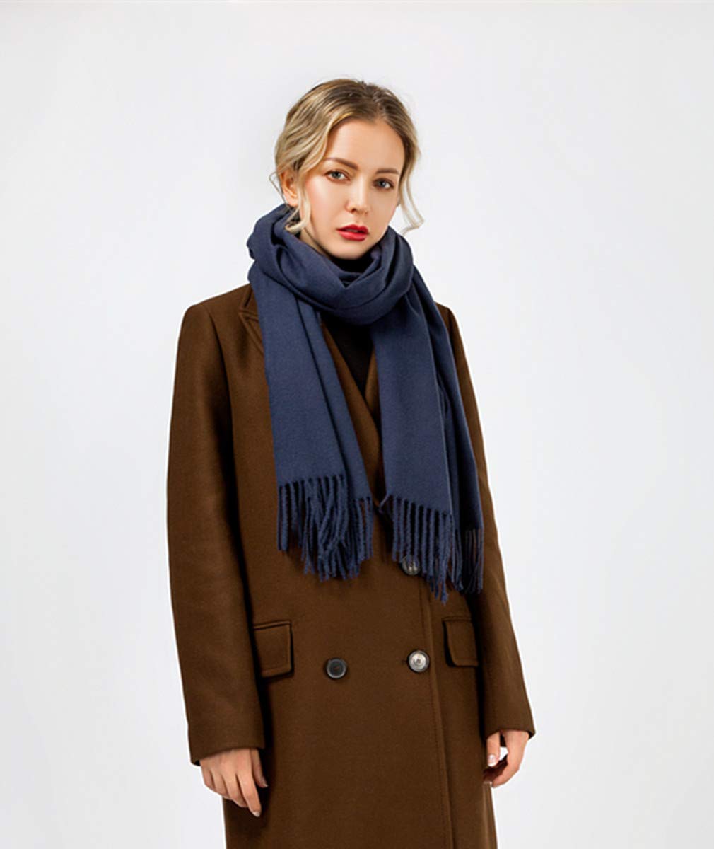 EVRFELAN Women Winter Warm Scarf Soft Cashmere Fringe Tassel Pashmina Pure Color Shawl Stole Wrap (Navy blue)