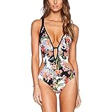 Sumkica Women’s Sexy Floral Print One Piece Swimsuit Bathing Suit - Cut Out Halter Backless Bikini Monokini Swimwear