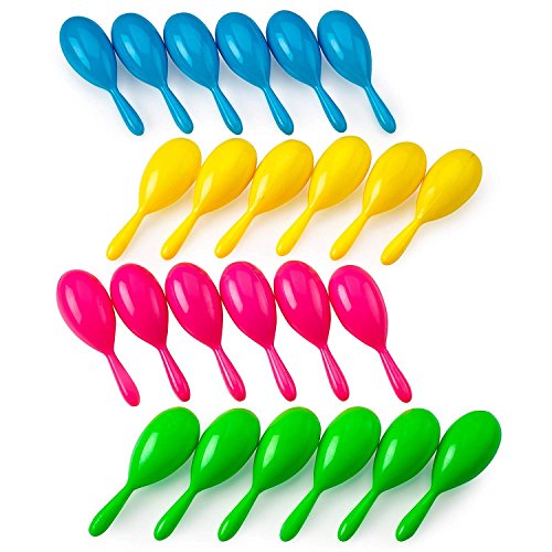Kidsco Bright Neon Maracas - 24 Pcs 4” Colorful Funky Assorted Pairs Noise Maker Shaker - Musical Instrument for Fiesta Celebration, Salsa Themed Party, Cinco de Mayo - Educational Toys for Kids - by