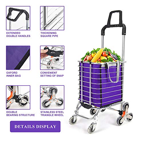 Besthls Folding Shopping Cart for Groceries, Stair Climbing Grocery Carts with Cover (Can Sit), Heavy Duty Transit Utility Cart with Rolling Swivel Wheels and Length Handle, 177 Pounds Capacity