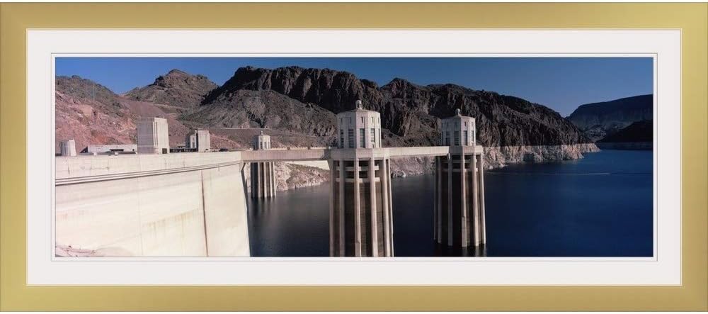 GREATBIGCANVAS Dam on The River Hoover Dam Colorado River Arizona Gold Framed Wall Art Print, 48"x16"x.75