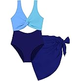 Funnycokid Girls One Piece Swimsuit Color Block Teen Bathing Suit with Pad Cover Up Skirt(7-16Y)