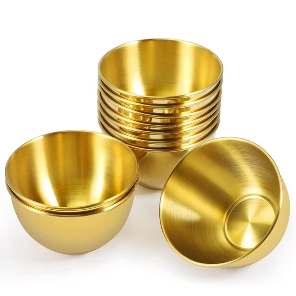 Daowwui 10 Pack 3.3Inch Stainless Steel Sauce Dishes Individual Saucers Bowl Round Seasoning Dishes Sushi Dipping Bowl, Gold 4 X 5 X 8.5cm