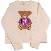 Ladies Teddy Bear Knit Sweater, White with Purple Design, Long Sleeve