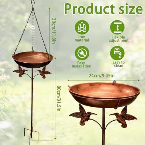 Beafaeur Bird Drinker, Hanging Bird Bath, Bird Bath Outdoor Water Trough (ø 30 cm), with 5 Legs Anti-Tip Base and Chain, Freestanding Bird Baths for Garden Balcony