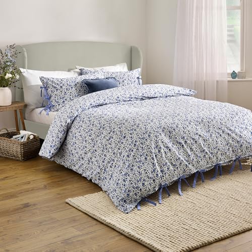 furn. Wylder Hannah Duvet Cover Set – 100% Tumbled Cotton Floral Bedding with Bow Closures (Blue - Super King)