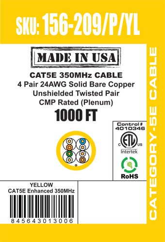 Vertical Cable CAT5E, 350 MHz, UTP, 24AWG, 8C Solid Bare Copper, Plenum, 1000ft, Yellow, Bulk Ethernet Cable - Made in USA