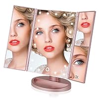 EASEHOLD Vanity Makeup 2X 3X Magnifiers 21 LED Lights Tri-Fold 180 Degree Adjustable Countertop Cosmetic Bathroom Mirror, Rose Gold