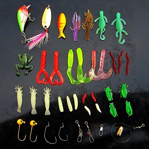 Freshwater Fishing Tackle Lots,PortableFun Fishing Baits Kits Set With Free Tackle Box,For Trout Bass Salmon