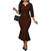 Elegant Dress for Women Sexy V Neck Long Sleeve Bodycon Midi Fishtail Dresses