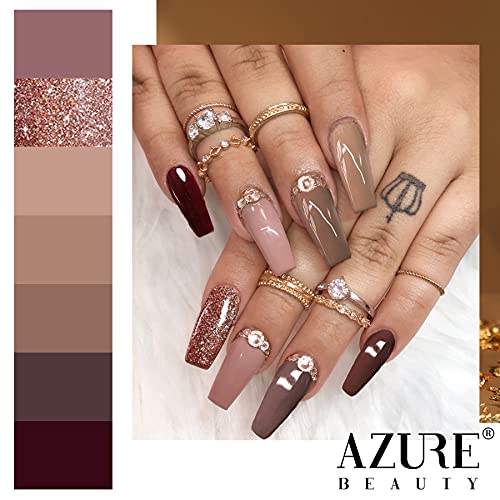 Dip Powder Nail Kit Starter with 8 Colors, AZUREBEAUTY Nude Glitter Brown Acrylic Dipping Powder Starter System Essential Kit for French Nail Manicure Nail Art Set