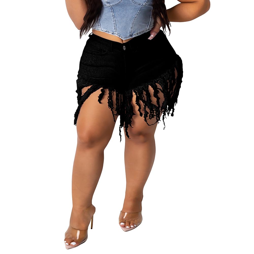 Photo 1 of PINSV Women Plus Size Fringe Denim Shorts High Waisted Frayed Raw Hem Ripped Tassels Jeans Black 5XL