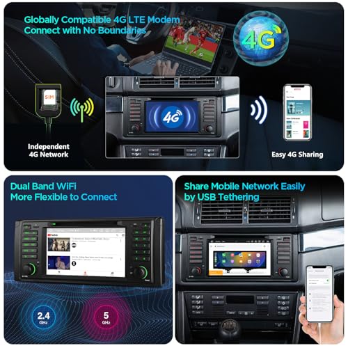 XTRONS Android 14 Car Radio for BMW E39 M5, 7 Inch IPS Octa Core 4+64GB Car Radio with Navigation System, Built-in 4G LTE Gyroscope Sensors Car Play AKM DSP GPS Bluetooth WiFi DVD